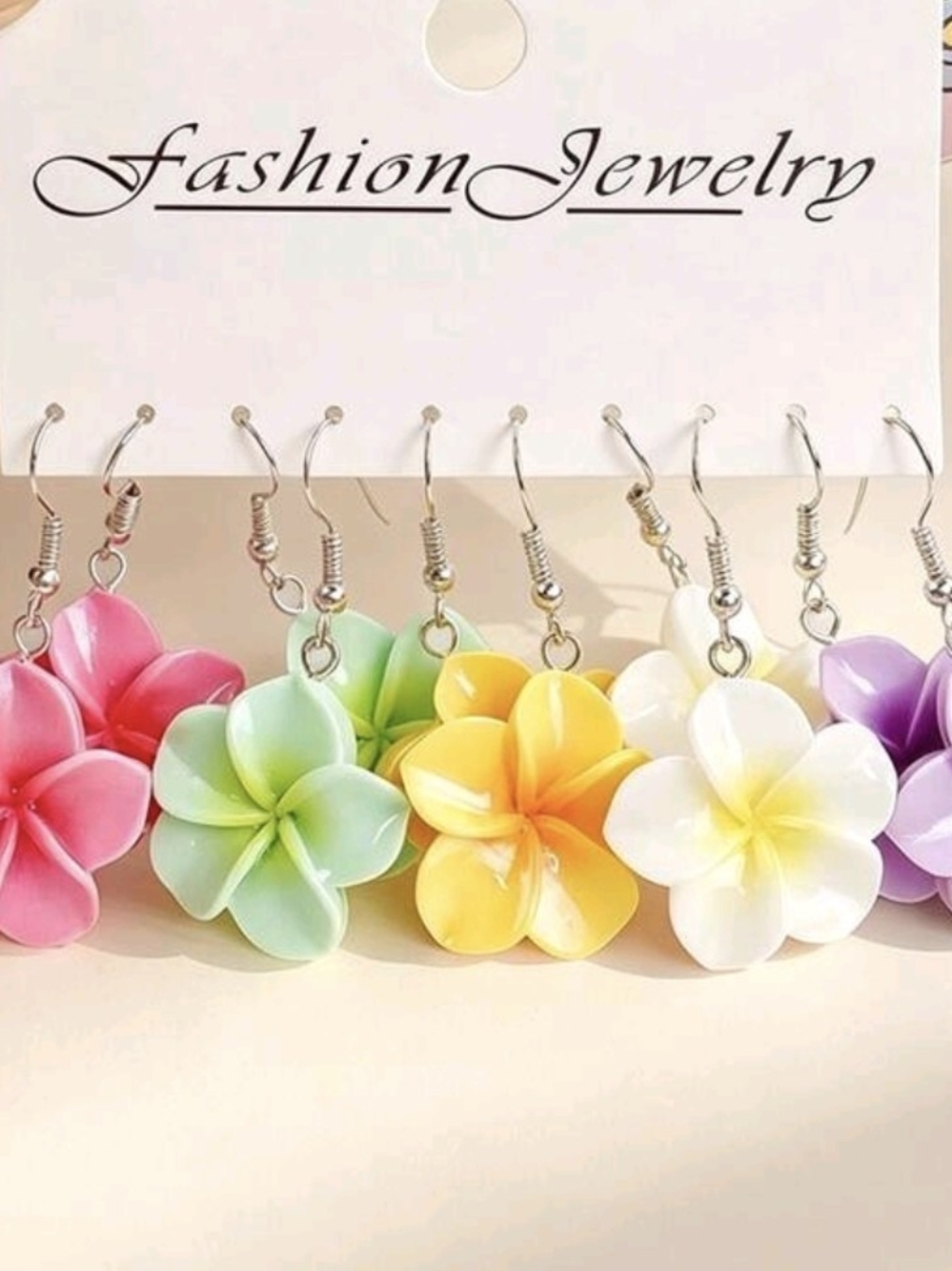 5 Pairs Pastel Plumeria Flower Drop Earrings - Multicolor Set